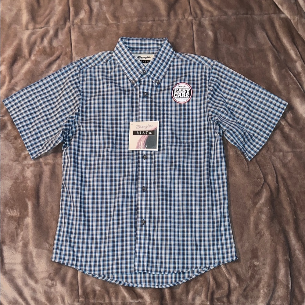 Wrangler Blue and White Plaid Kids Button-Down Shirt